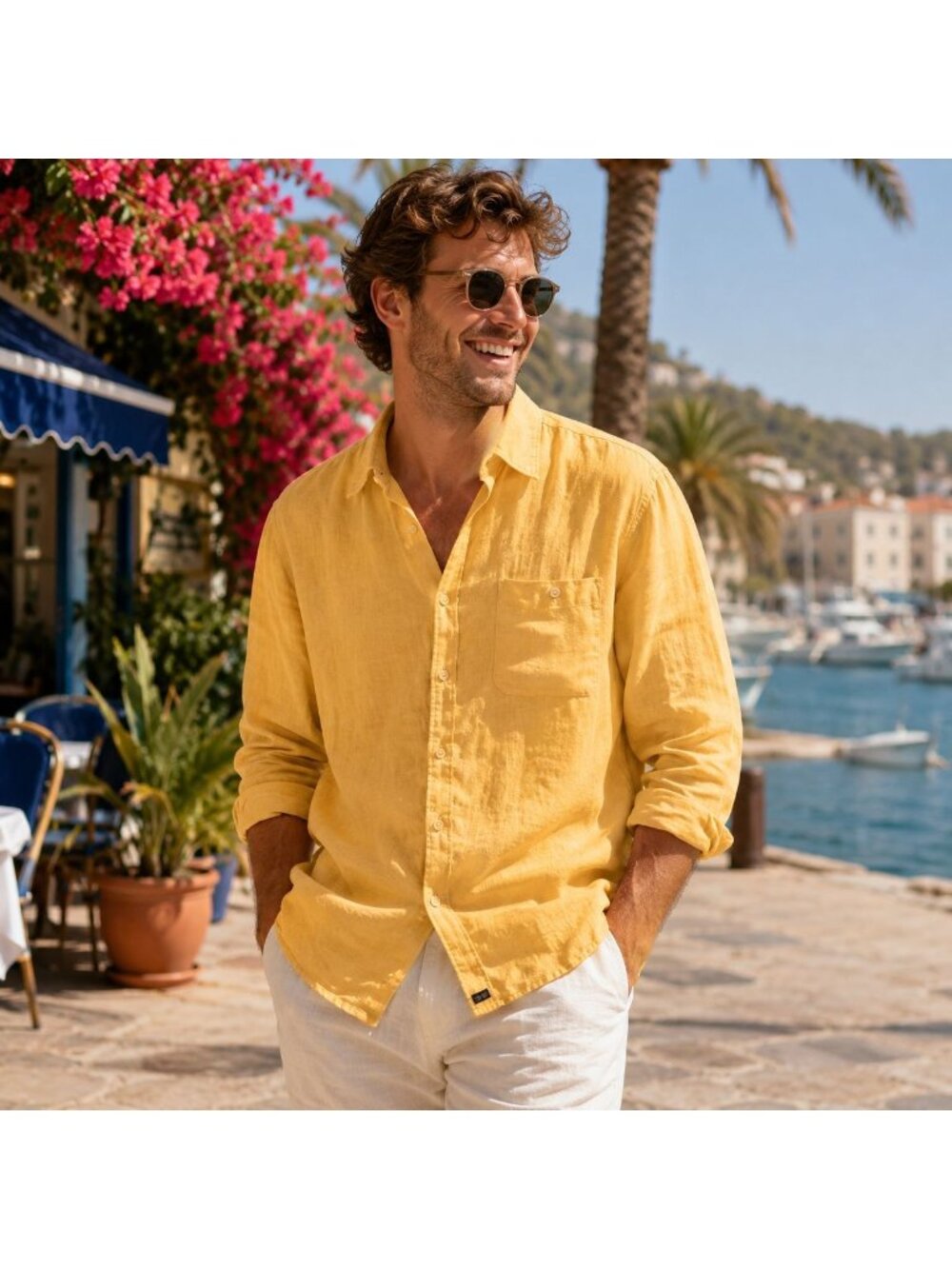 Indigo Palms Mens L Shirt Butter Yellow 100% Linen Button Up Long Sleeve Casual